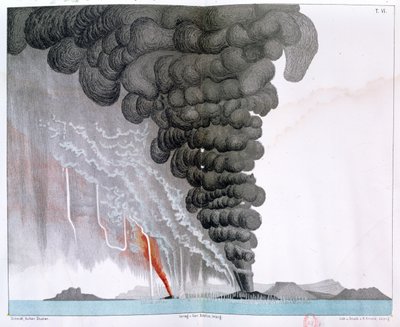 Erupce sopky Santorini, ilustrace z „Etudes sur les Volcans“ od umělce, vyryla Druck a Arnold, 1881 od Julius or Jules Schmidt